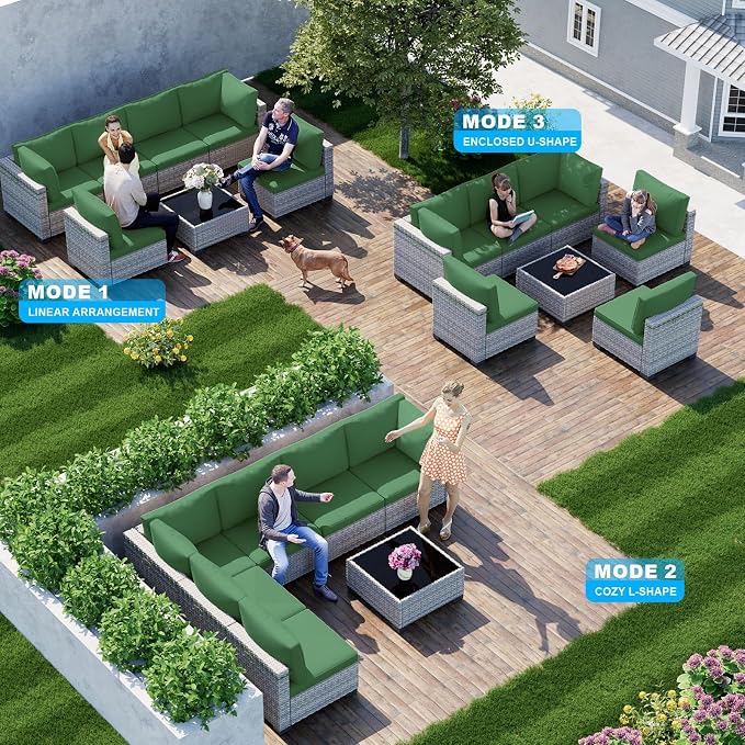 7-Piece Patio Furniture Set, Outdoor Sectional with Thick Cushions, Modular Patio Sofa, Dual-Strand Wicker Rattan, Rust-Resistant Frame, Backyard Furniture for Garden, Deck, Dark Green