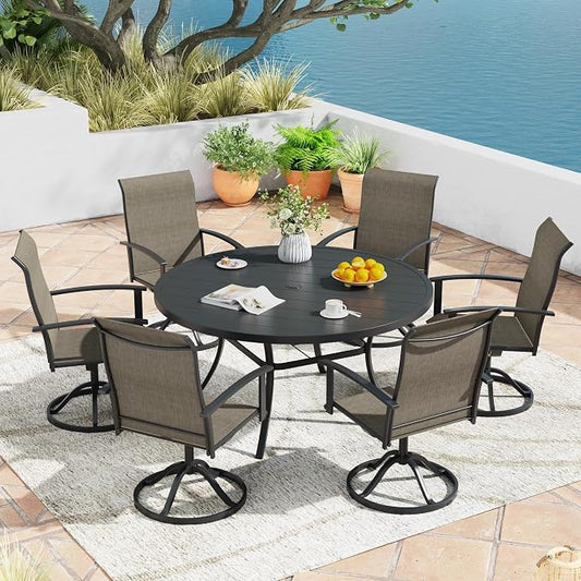 7 Pieces Outdoor Patio Dining Table Set, 50" All Weather Round Metal Table with Umbrella Hole and 6 High Back Textilene Swivel Chairs for Garden, Lawn, Poolside, Black Table & Brown Chairs