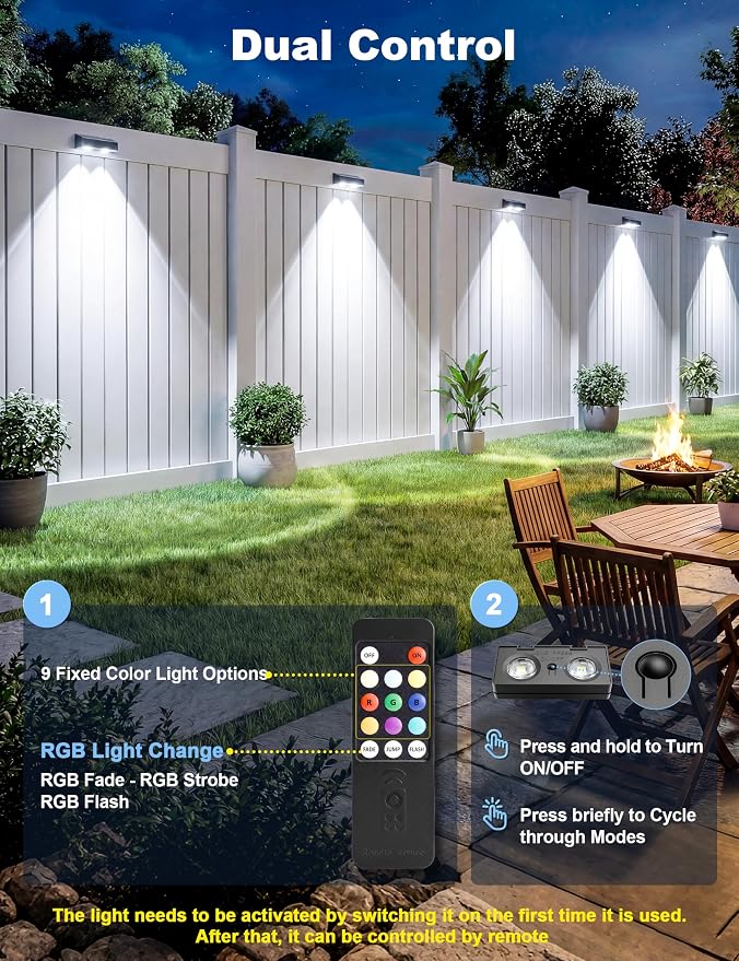 JOFIOS Fence Lights Solar Powered with Remote, 9 Fixed Colors 12 Modes, Solar Fence Lights Outdoor Waterproof, Warm/Cool White, RGB LED Deck Lights for Yard/Railing/Balcony/Patio/Stair/Outside, 8 Pack