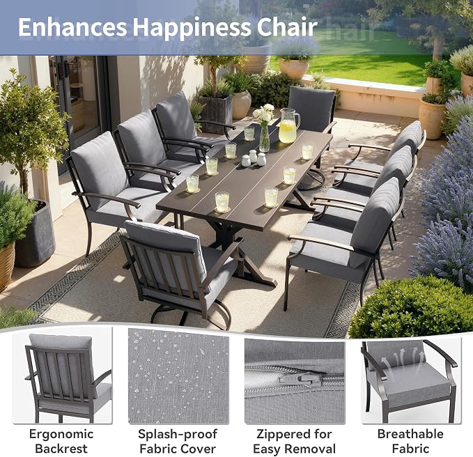 Kullavik 9 Pieces Outdoor Dining Set,Patio Dining Table and Chairs Set for 8,Fence Pattern Back Chairs with Thickened Cushions & X-Frame Metal Dining Table with Umbrella Hole for Patio,Grey