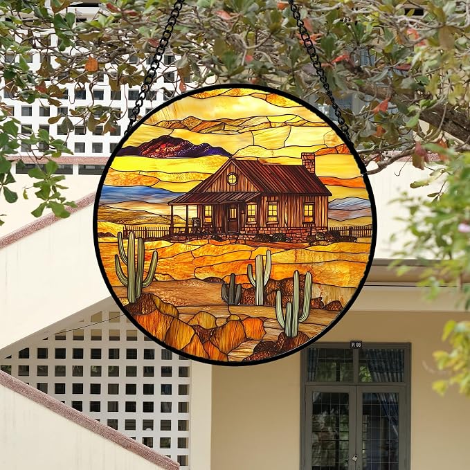DASTOLL Stained Glass Window Hanging 4 Pcs Set Desert Sunset Theme Landscape 6.3" - Suncatcher Door Garden Sun Catcher Decor Birthday Christmas for Mom Woman Nana Men