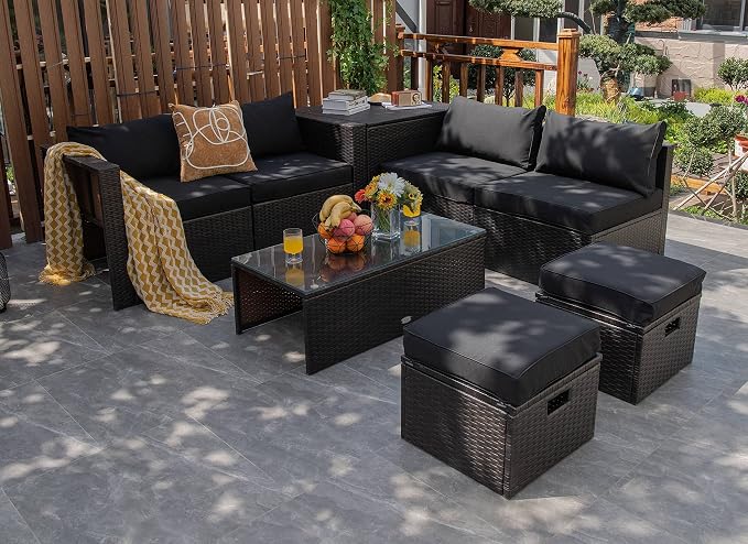 COSTWAY 8-Piece Outdoor Patio Furniture Set, Rattan Sectional Sofa, Armless Chairs, Side Table with Storage Ottoman & Glass Coffee Table, Space-Saving Conversation Set for Garden Deck (Black)