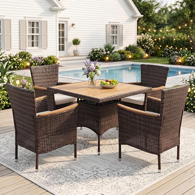 Wisteria Lane 5-Pieces Patio Dining Sets, Rattan Outdoor Table and Chairs with Acacia Wood Tabletop, Metal Patio Dining Furniture for 4 with Removable Cushions for Garden Backyard Deck, Brown