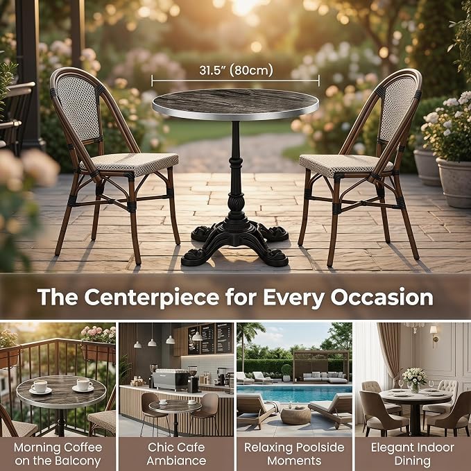 SSLine 31.5" Sintered Stone Dining Table, Marble Top Bistro Table with Heavy-Duty Cast Iron Base, Waterproof Tulip Table for 2-4 Person,Indoor/Outdoor Use for Patio,Cafe,Restaurant (Round-Brown)