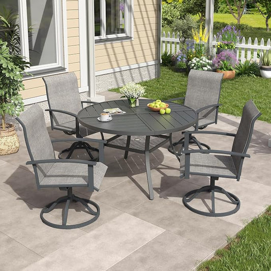 VICLLAX 5 Pieces Patio Outdoor Dining Set, 4 Swivel Textilene Chairs and 47.2" Round Metal Table with Umbrella Hole for Porch, Deck, Garden, Dark Gery/Grey
