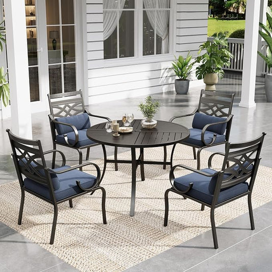 Sophia & William Patio Dining Set, Steel, Black | Umbrella Hole, E-Coated, Cushions Included, For Patio, Garden and Yard