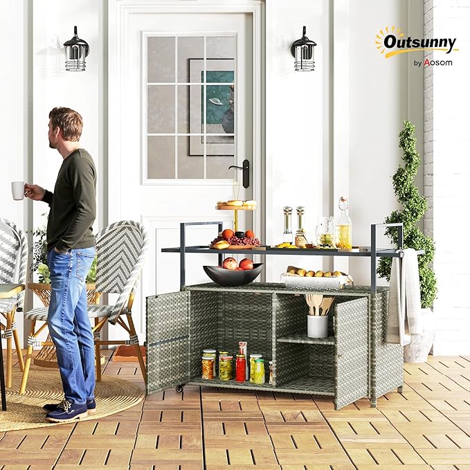 Outsunny PE Rattan Outdoor Storage Cabinet, Wicker Outdoor Bar Table Kitchen Island with Wheels & 2-Tier Shelf, Patio Serving Cart with Glass Top, Handles, Towel Racks for Poolside, Mixed Gray