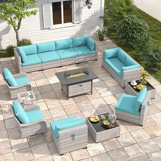 10-Seat Outdoor Wicker Patio Furniture Set with Fire Pit Table, Modular Rattan Sectional Sofa & 2 Swivel Rocking Chairs, 4" Thick Cushions, Rust-Resistant Frame,Blue