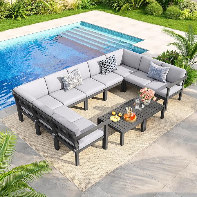 Modular Outdoor Patio Conversation Set, 11-Piece U-Shaped Sectional Sofa Set with Coffee Tables & Thick Cushions, Easy Side Interlock, HIPS All-Weather Patio Furniture Set for Backyard, Deck, Poolside
