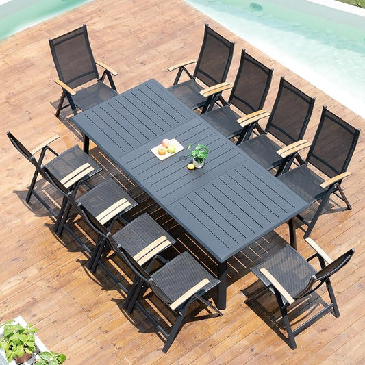 Pellebant 11 Pieces Aluminum Patio Table and Chairs Set - 94" Rectangular Table and Foldable Chairs Outdoor Dining Set with Umbrella Hole, Weather Resistant Sturdy Frame for Deck, Porch & Backyard