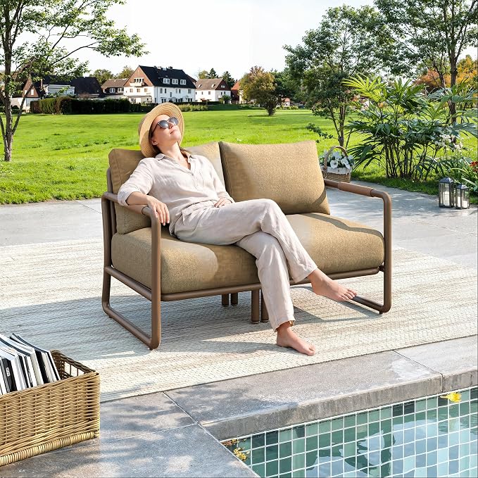 2-Seater Outdoor Aluminum Loveseat with Cushions, Patio Sofa for Balcony, Deck, Backyard, Garden, Deep Seating Couch for Conversation & Relaxation, Brown