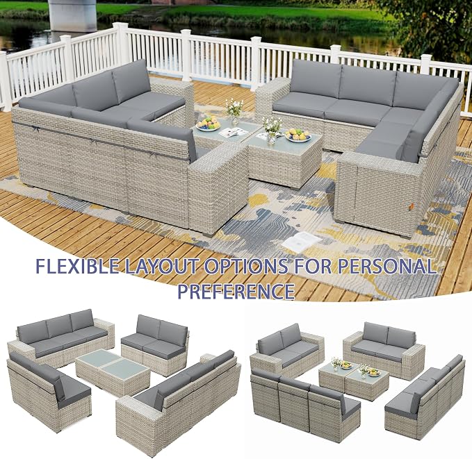 12 Piece Patio Furniture Set, 9.8" Wide Arm Sectional Sofa with Storage Armrests, All-Weather Rattan Outdoor Conversation Set for Garden, Porch, Lawn, Backyard, Balcony, Grey