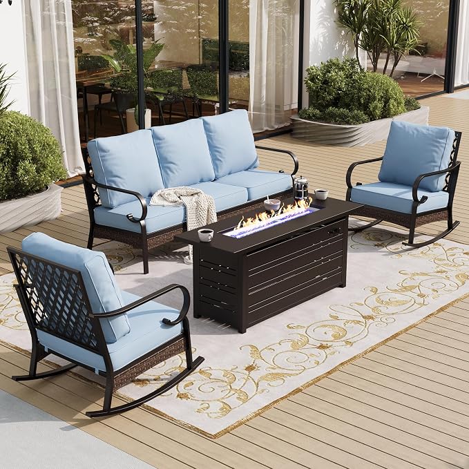 SUNSHINE VALLEY 4 Piece Black Metal Outdoor Patio Furniture Sets with Firepit Table, Patio Conversation Sets 1 3-Seater Sofa, 2 Rocking Sofa with 5.75" Thick Cushion Backyard Furniture for Deck, Blue