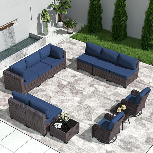 Patio Furniture Set 12 Pieces Outdoor Sectional Sofa Set,All Weather Wicker Patio Swivel Rocking Chairs Sofa PE Rattan Patio Conversation Set w/Cushions and Glass Coffee Table,Navyblue