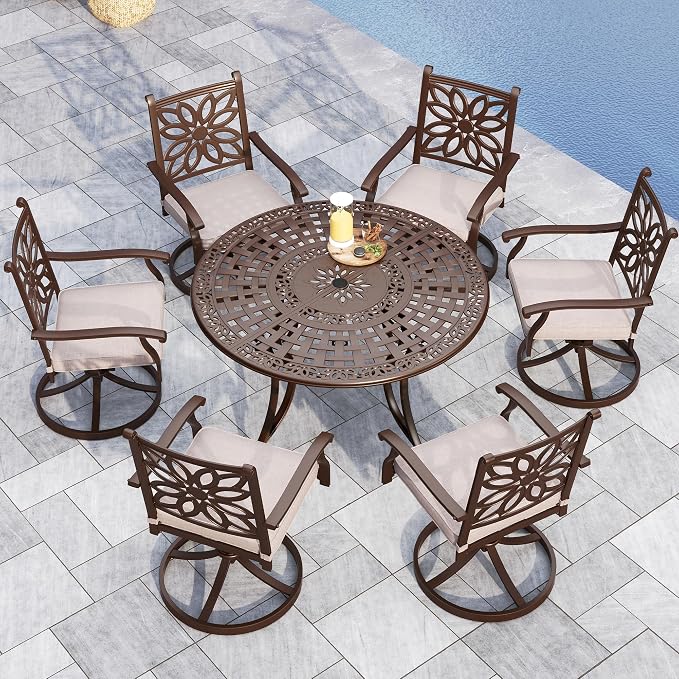 Sophia and William Patio Dining Set, for 6, Swivel Chairs | Cast Aluminum, Round Table, 2.2" Umbrella Hole