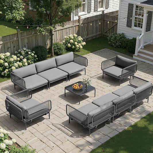 8 Piece Modern Outdoor Sectional Sofa, 31" Oversized Patio Furniture Set with Olefin Woven Rope, Weather-Resistant Metal Frame and Removable Cushion, Dark Grey