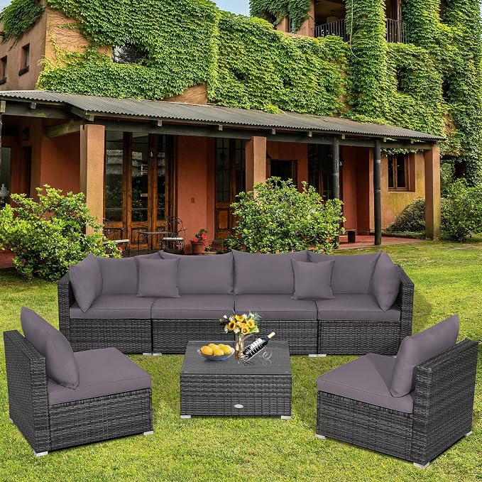DORTALA 7 Pieces PE Rattan Patio Furniture Set, All-Weather Wicker Conversation Set W/Soft Cushions & Pillows, Coffee Table, Outdoor Sectional Sofa Set for Balcony, Poolside, Backyard, Grey
