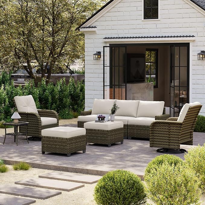 LET'S PATIO Luxury Patio Furniture Set，8 Piece Outdoor Furniture Sectional Set with Swivel Rocker Chairs of 2，All-Weather Patio Sectional Sofas with Thickened Cushions, Beige
