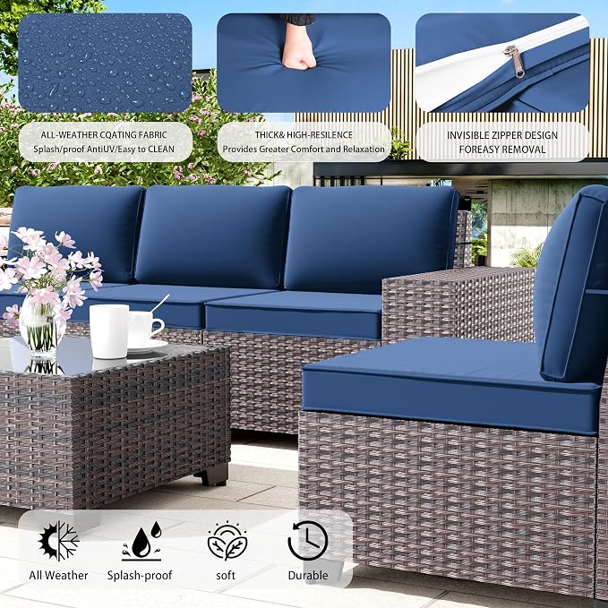 6 PCS Outdoor Patio Furniture Set,Outdoor Sectional Furniture All Weather PE Rattan Wicker Patio Conversation Set with Coffee Table and 5 Thickened Cushions,Navy Blue