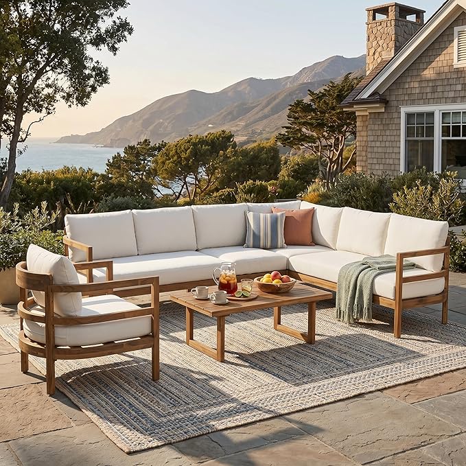Merax Outdoor Acacia Wood 6-Seater Sectional Sofa Set with Cushions, Wood Patio Modular Lounge with Corner & 1 Table & 1 Club Chair for Balcony, Deck, Garden, Beige + Light Brown