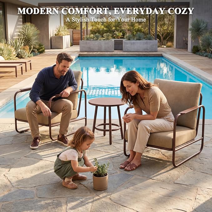 3 Piece Outdoor Chair Set with Side Table, 2 Patio Accent Chairs & Coffee Table, Sturdy Aluminum Frame, 6" Thick Cushions, 24" Wide Seat, All-Weather for Porch Deck Backyard, Brown