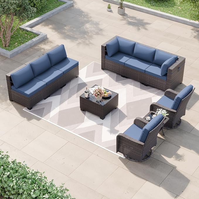 Kurapika 10 Pieces Patio Furniture Set, Rattan Wicker Sofa Set, Outdoor Conversation Sets w/Swivel Rocking Chairs Patio Sectional Sofa w/4 Inch Cushion, Navy Blue