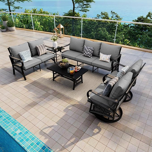 6 Pieces Patio Conversation Sets, All-Weather Metal Swivel Rocking Chairs with Rope Furniture Set, Outdoor Sofa Couch for Deck, Porch, Garden, Backyard, Poolside (Gray Cushions)
