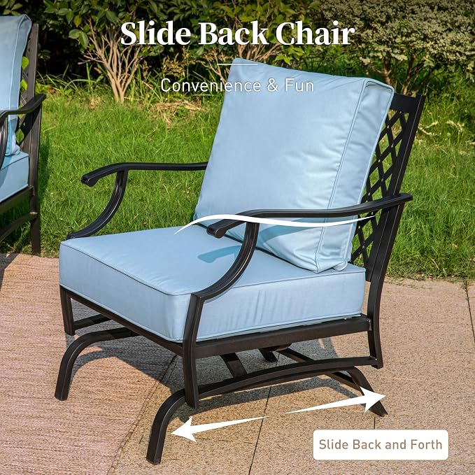 SUNSHINE VALLEY 4 Piece Metal Outdoor Patio Furniture Set, Patio Conversation Set 1 3-seater Sofa, 2 Rocking Chair with 5.75" Extra Thick Cushion and Coffee Table, Black Frame Backyard Furniture, Blue