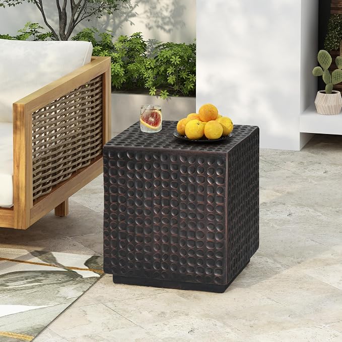 Christopher Knight Home Jeanie Outdoor Side Table Lightweight Concrete, Patio End Table Cube, MGO Fluted Coffee Table for Outside, Garden, Backyard, Poolside Accent Table, Dark Brown Copper