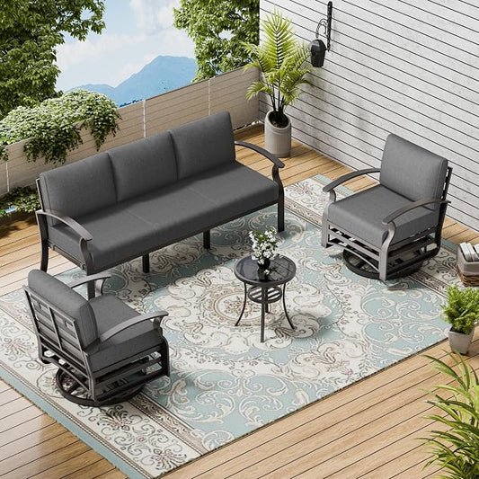 Patio Furniture Set 3-Piece Aluminum Armrest Sofa, All-Weather Patio Conversation Set with Tempered Glass Top Table & Removable Sponge Cushions for Backyard Poolside - Grey