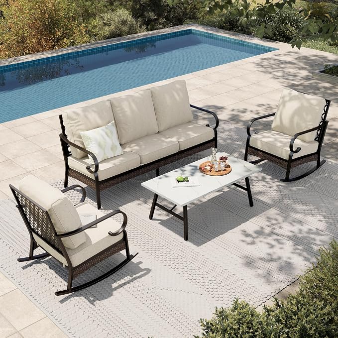 HERA'S HOUSE 4 Piece Metal Patio Furniture Set, All Weather Outdoor Conversation Set with 3 Seat Sofa, 2 Rocking Chairs & Coffee Table, Seats 5 for Backyard, Garden, Deck, Beige