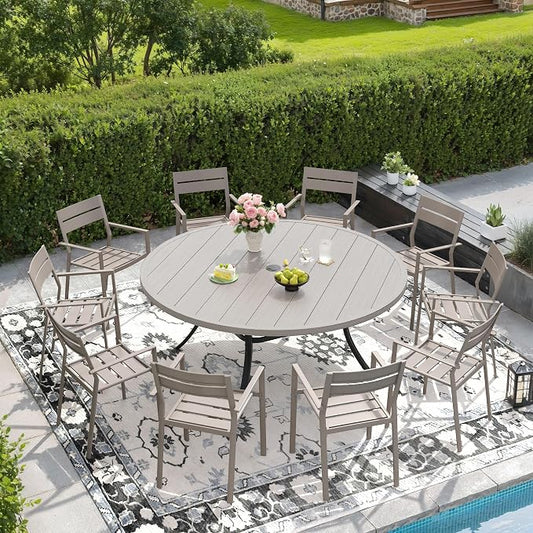 DIFY 11 Piece Outdoor Patio Dining Set for 10, Patio Table and Chairs Set with Umbrella Hole, 60" Round Dining Table and Stackable Metal Chairs for Backyard Garden Poolside, Grey Wood-Like & Sandshell