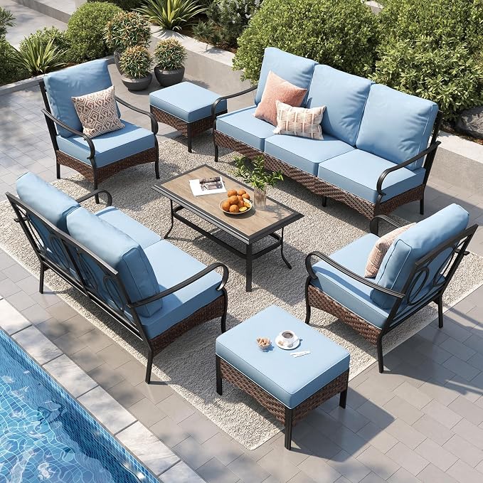 PHI VILLA Patio Furniture Set, Extra Large Wicker & Metal Outdoor Conversation Set Patio Sectional Sofa Set with Fixed Chair & Waterproof Thick Cushions for Porch, Poolside, Deck(7 Pieces, Blue)