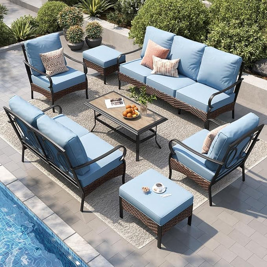 PHI VILLA Patio Furniture Set, Extra Large Wicker & Metal Outdoor Conversation Set Patio Sectional Sofa Set with Fixed Chair & Waterproof Thick Cushions for Porch, Poolside, Deck(7 Pieces, Blue)