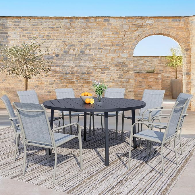 9 Pieces Patio Dining Set for 8, Beige Blue Patio Stackable Chairs and Black Round Table Set of 8, Outdoor Furniture Set with Sling Support for Outside, Garden