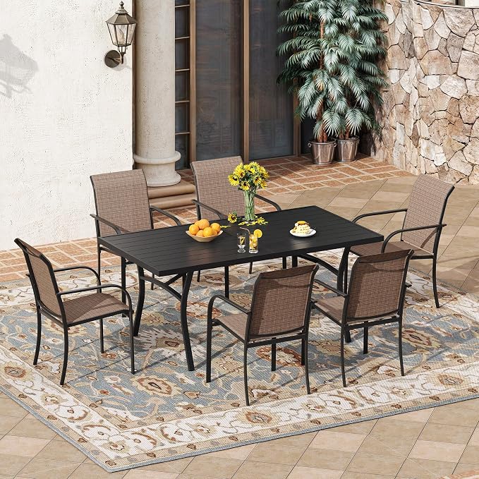 VICLLAX 7 Pieces Patio Outdoor Dining Set, 63" Outdoor Rectangular Metal Dining Table with Umbrella Hole and 6 Stackable Textilene Chairs for Lawn, Garden, Porch, Black/Brown