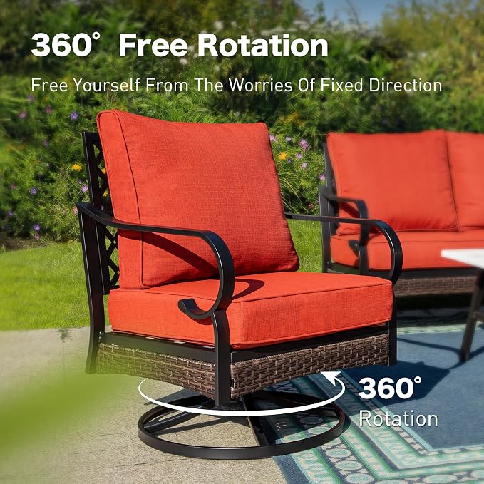SUNSHINE VALLEY 4 PCS Metal Outdoor Patio Furniture Set, Patio Conversation Sets 3-Seater Sofa, 2 Swivel Chairs with 5.75" Extra Thick Cushion & Coffee Table, Black Frame Backyard Furniture, Rust Red