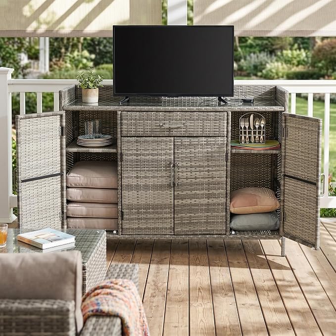 RUNNA 53.2" W Outdoor Weather-Proof Rattan Storage Cabinet with Tempered Glass Desktop,Outdoor Wicker Bar Table with One Large Drawer & Adjustable Shelves for Patio, Backyard,Garden,Pool (Grey#81)