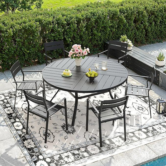 DIFY 7 Piece Outdoor Patio Dining Set for 6, 50" Round Dining Table with Umbrella Hole and Stackable Metal Chairs, Patio Table and Chairs Set for Backyard Garden Poolside, Black