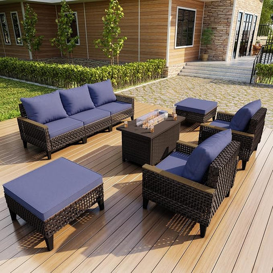 8 Pieces Outdoor Patio Furniture Set, Wicker Rattan Conversation Set with Fire Pit Table and Foot Rest, Sectional Modular Sofa Couches Chairs Ottomans for Deck, Balcony, Backyard, Yard (Blue Cushions)
