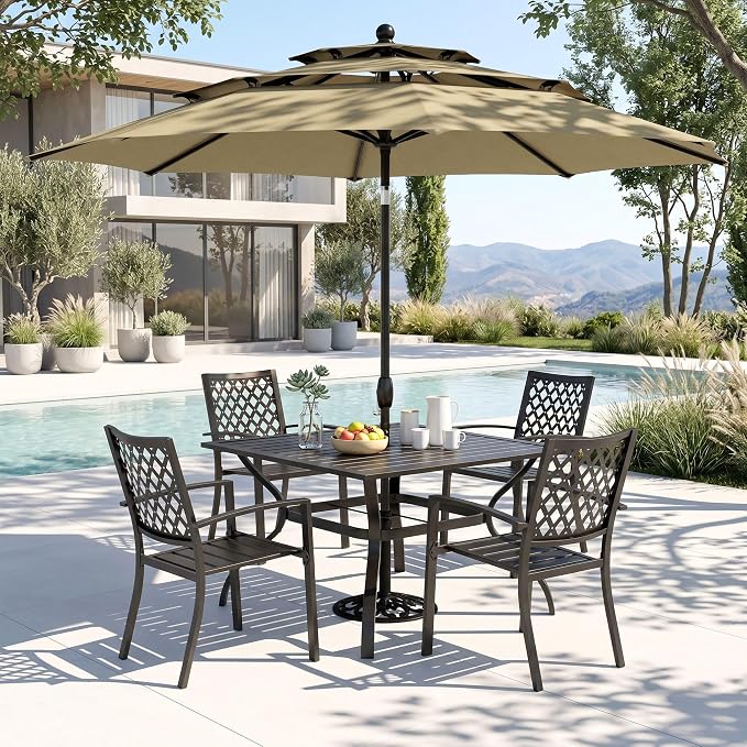 PHI VILLA 5 PCS Patio Dining Set w/10ft 3 Tier Umbrella(Beige) | 37" metal table w/ umbrella hole &4 stackable chairs& 10ft beige umbrella. Rust-resistant e-coated frame. Perfect for patio
