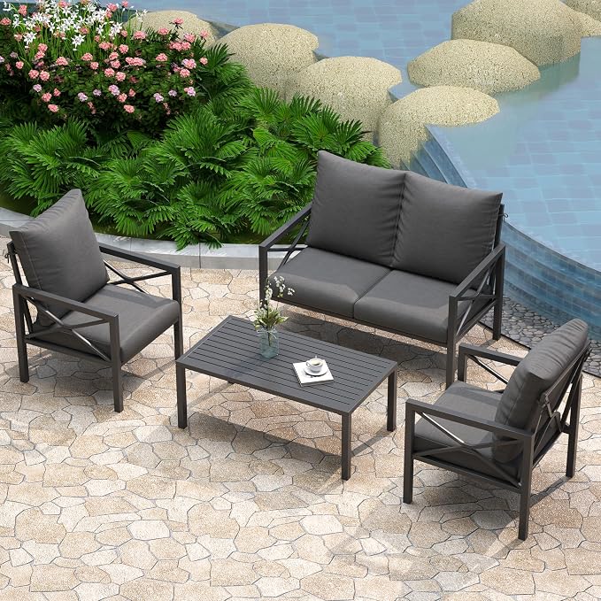 4 Piece Outdoor Patio Furniture Sets, Heavy Duty Metal Conversation Set with Thick Cushions, All-Weather Outside Sectional Sofa with Coffee Table for Backyard, Poolside, Grey