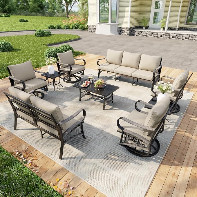9 Pieces Patio Furniture Set, Metal Outdoor Conversation Sets with Swivel Chairs, Modern Couch Sofa Seating Group with Coffee Table and Side Table (Thick Beige Cushions)