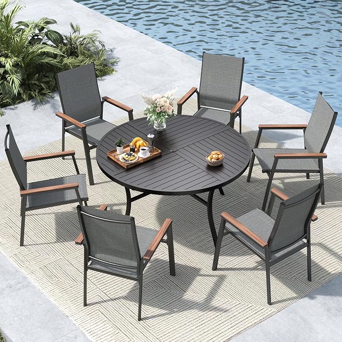 MFSTUDIO 7 PCS Patio Dining Set, 54" Round Table & Aluminum Chairs, Grey | Stackbale chairs, Light-weight & space-saving, Square Table, Umbrella Hole, Patio deck, 6 person