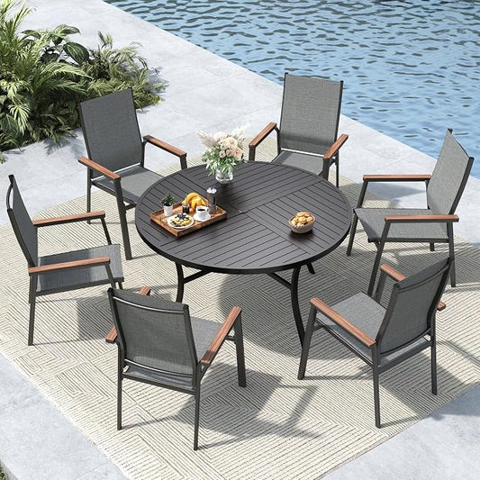 MFSTUDIO 7 PCS Patio Dining Set, 54" Round Table & Aluminum Chairs, Grey | Stackbale chairs, Light-weight & space-saving, Square Table, Umbrella Hole, Patio deck, 6 person