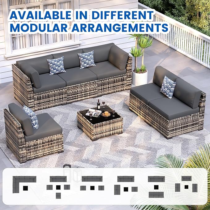 8 Pieces Outdoor Patio Furniture Set with 44" Fire Pit Table Yellow Rattan Sectional Conversation Sets w/Gas Fire Pit, Coffee Table, 1 Waterproof Covers, Dark Grey