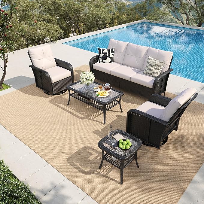 LazySunsets 7 Piece Outdoor Patio Furniture Set with Coffee Table, Wicker Rattan Outdoor Furniture with High Back Swivel Rocker Chairs, Outdoor Conversation Sets with Thick Cushions, Beige