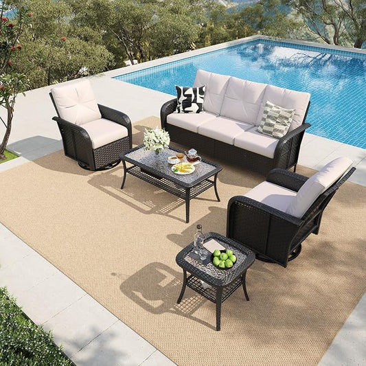 LazySunsets 7 Piece Outdoor Patio Furniture Set with Coffee Table, Wicker Rattan Outdoor Furniture with High Back Swivel Rocker Chairs, Outdoor Conversation Sets with Thick Cushions, Beige
