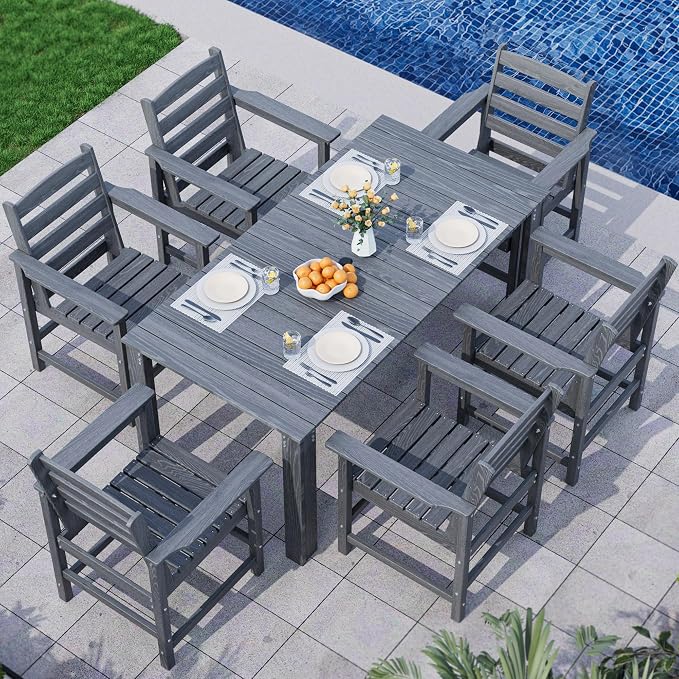 Outdoor HDPE Dining Table Set, 7-Piece Outdoor Dining Table Sets, Wood Grain Patio Furniture Sets with Umbrella Hole for Porch, Backyard, Gray