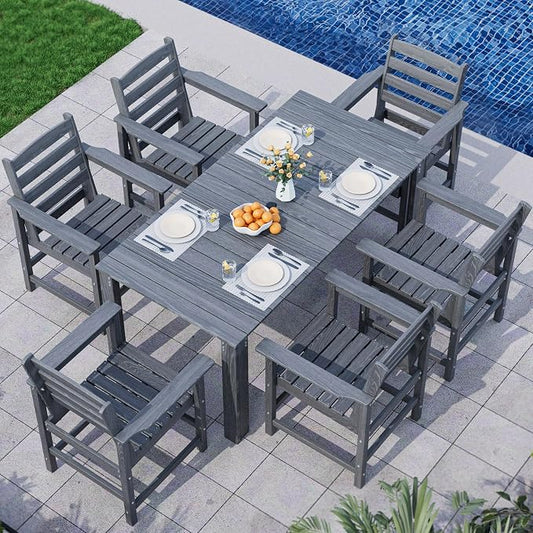 Outdoor HDPE Dining Table Set, 7-Piece Outdoor Dining Table Sets, Wood Grain Patio Furniture Sets with Umbrella Hole for Porch, Backyard, Gray